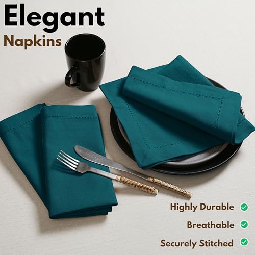 Native Fab Set of 12 Cloth Napkins Hemstitch Corners, 100% Cotton, 18x18 inch, Soft, Absorbent, Reusable, Easy Care, Restaurant Hotel Quality - Wedding, Events, Lunch, Dinner Napkins - Teal Green - Image 2