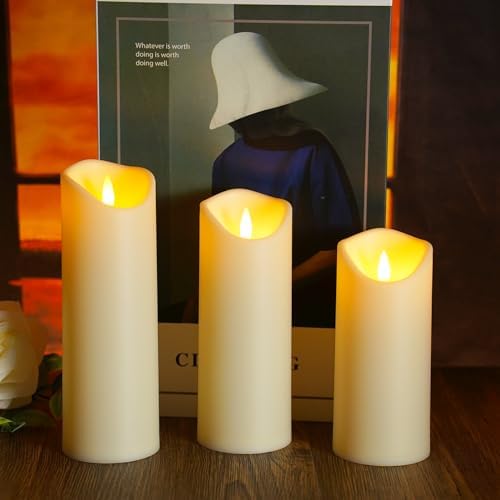 kakoya Flickering Flameless Candles, Battery Operated Acrylic LED Pillar Candles with Remote Control and Timer,Set of 9 (Ivory) - Image 3
