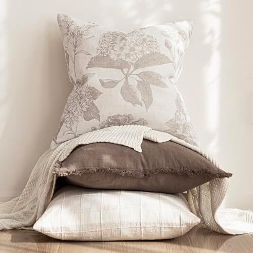 Foindtower Set of 2 Linen Floral Vintage Throw Pillow Covers Neutral Accent Decorative Cushion Covers Farmhouse Boho Home Decor for Sofa Chair Couch Bedroom Living Room,20×20 Inch,Tan Beige - Image 5