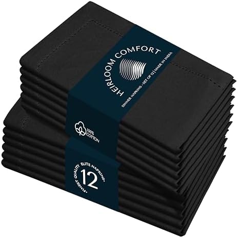 Black Cloth Napkins 18"x18" - Set of 12 - Absorbent, Soft, Durable, Washable, Reusable 100% Cotton - Hemstitch Mitered Edges - Ideal for Everyday, Parties, Weddings, Formal Dinners by HEIRLOOMCOMFORT
