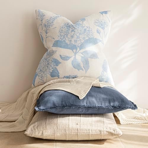 Foindtower Set of 2 Linen Floral Vintage Throw Pillow Covers Neutral Accent Decorative Cozy Cushion Covers Farmhouse Boho Home Decor for Sofa Chair Couch Bedroom Living Room,22×22 Inch,Sky Blue - Image 5