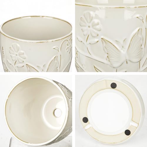 Hollyone 6 Inch White Ceramic Planter Flower Plant Pot with Drainage Hole and Saucer for Plants Embossed Indoor Outdoor Garden Embossed Ceramic Glazed Round Pot Large Butterfly Pattern - Image 3