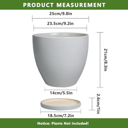10 Inch Planter - Ceramic Pots for Plants, Planters with Drainage Hole and Tray, Modern Flower Pots Indoor, Home Living Room Patio Porch Garden Office Decor, Gray - Image 3