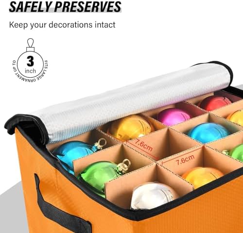 YETTASBIN Orange Solid Color Large Christmas Ornament Storage Box with Zipper & Adjustable Dividers, Storage Container with Lid & Handles for 64 Holiday Ornaments 3-Inch, 13 x 13 Inch - Image 5