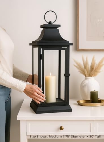 Serene Spaces Living Black Metal Hurricane Lantern with Clear Glass Panels – Hanging or Tabletop Decorative Lantern for Indoor & Outdoor – for Weddings, Parties, Home Decor, 20" Tall & 7.75" Square - Image 3