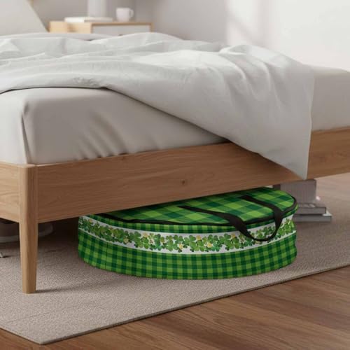 24 Inch Round Storage Bag 1 Pack,Irish Lucky Shamrock Threeleaf Grass Waterproof Wreath Storage Container with Handles&Zipper Green Buffalo Plaid Closet Organizer Bags Garland Box - Image 6