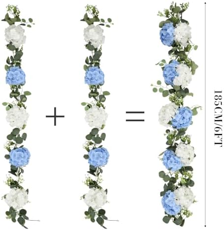 Artificial Hydrangea Flower Garland with Eucalyptus & Baby’s Breath 2PCS 6FT Floral Vines Greenery Garland for Mantel Wedding Arch Table Centerpiece Coastal Home Outdoor Decor (2, Blue & White) - Image 3