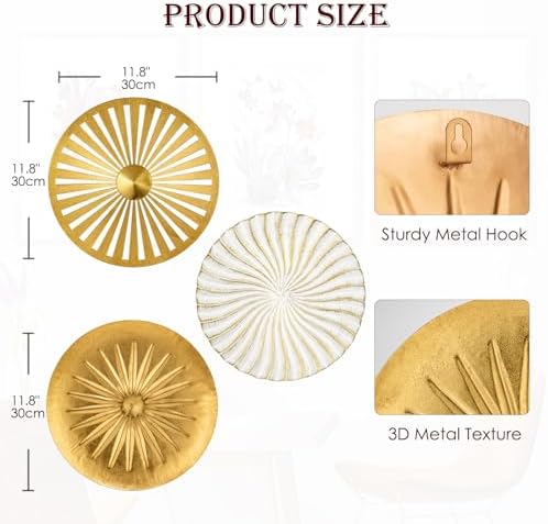 Briful 12" Wall Décor Pack of 3 Metal Gold & White Washed Starbursts Radial Plate Wall Art Modern Accent Hanging Wall Decorations For Home Office Bedroom Or Living Room Wall Sculptures - Image 2