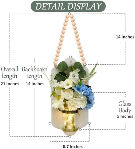2 pcs Lighted Mason Jar Wall Decor with Artificial Flowers, Wooden Welcome Sign, Battery Operated, 50 LED Lights, Rustic Farmhouse Style Christmas Festival - Image 5