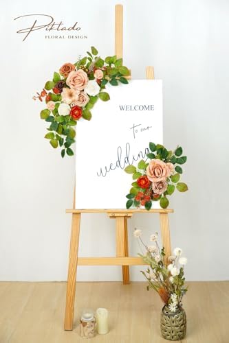 Wedding Decor (Pack of 2) Welcome Sign Flower Backdrop Garland for Ceremony Reception Wall Easel Home Decoration Entryway Faux Outdoor Board Head Table Decor (Orange & Terracotta) - Image 2