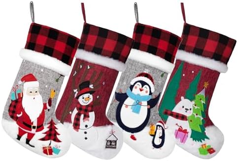 BHD BEAUTY Burlap Gray Red Non-Woven Fleece Fabric Lovely Embroidery Pattern Set of 4 Christmas Stocking for Family Decorations Hanging Ornament for Xmas Holiday Party 20 inches - Image 2