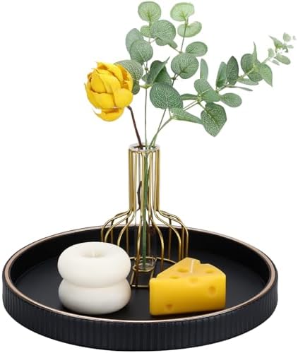 GORESE 12" Decorative Tray for Home Decor, Round PU Leather Coffee Table Tray Table Centerpiece for Living Room, Dresser, Vanity, Valet Tray Nightstand Organizer for Trinket Perfume Key, Black by GORESE