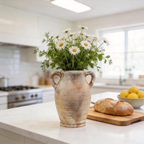 Ceramic Flower Vase, 8.3" Rustic Farmhouse Table Vase, Low Profile Decorative Pottery Vase for Fresh Flowers, Faux Stems, Coffee Table, Kitchen, Bathroom and Shelf Decor - Image 5
