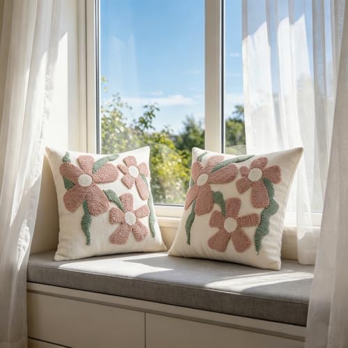 Summer Floral Throw Pillow Covers 18x18 Inch Set of 2, Chenille Embroidered Pillowcase with 3D Tufted Pink Flowers Sage Green Leaves, Boho Decorative Cushion Covers for Couch Sofa Bed - Image 6