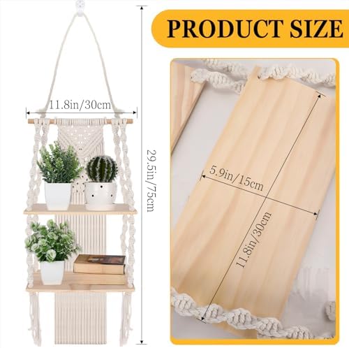 Barydat 2 Pack Macrame Wall Hanging Shelf 2 Tier Handmade Boho Hanging Wall Shelf Floating Woven Rope Decorative Storage Racks Holder Organizer for Home Bedroom Bathroom Plants, Beige (Classic) - Image 3