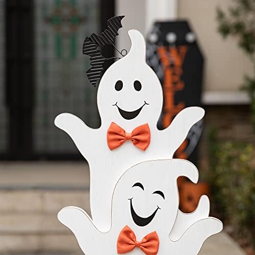 Glitzhome 37.5'H Halloween Wooden Stacked Ghost Porch Sign, Farmhouse Ghost Standing Decor with Base, Rustic Welcome Sign for Home Party Decor - Image 4