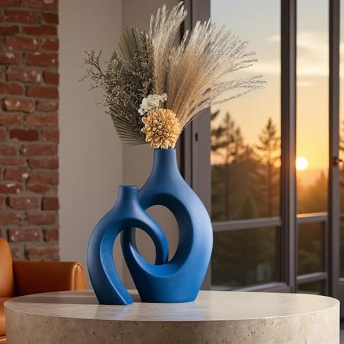 Levvohd Snuggle Hollow Ceramic Vase Set of 2, 11 inch Modern Nordic Coastal Shaped Pampas Grass Aesthetic Decorative Table Vases for Living Room Shelf Home Decor (Matte Navy Blue -L) - Image 3