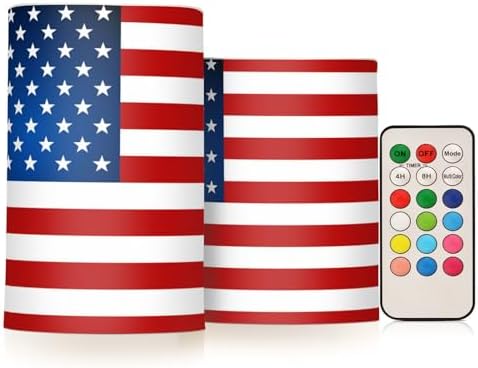 ALAZA US American Flag Independence Day 4th of July Flickering Flameless Candles Battery Operated with Remote Timer,Tea Light Candles LED Pillar Votive Candles Set of 2 for Outdoor Indoor Decorations by ALAZA