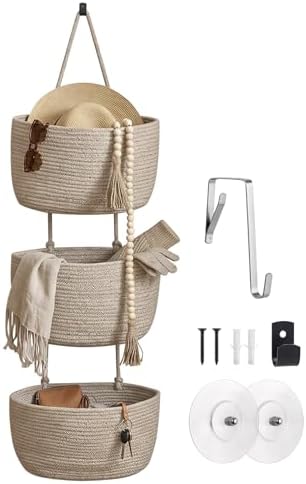 Wall Hanging Rope Baskets 3-Tier Boho Organizers(Flax Brown & Black, Large) by LIGHTDUST