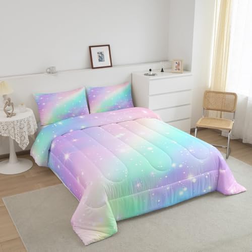 Rainbow Bedding Set For Kids Girls Teens Women Ombre Gradient Comforter Set Full Stars Galaxy Bedding Comforter Sets Watercolor Tie Dye Quilt Soft Lighweight Quilted Duvet Girly Bedroom Decor 3Pcs - Image 2