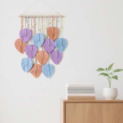 VEKALON Macrame Art Tapestry - Small Boho Chic Woven Wall Hanging Decor for Living Room, Modern Bohemian Leaf-Shaped Decorations for Apartment, Home, and Bedroom(Colorful) by VEKALON