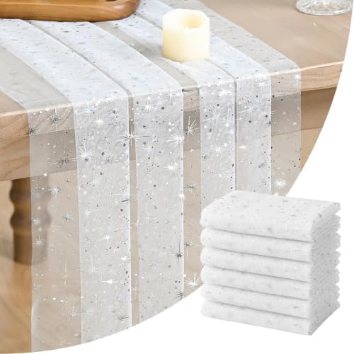 Artoid Mode 6PC Silver Stars White Gauze Table Runner 120 Inch 10FT, Reversible Glitter Sheer Dining Wedding Holiday Birthday Table Decor for Home Party by ArtoidMode