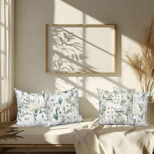 4 Pcs/Set Flowers Pillow Covers Summer White Floral Green Leaves Plants Watercolor Natural Scenery Linen Throw Pillow Covers for Outdoor Couch Sofa Farmhouse Bedroom Decor, 26"x26" - Image 6