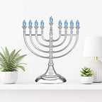 Traditional LED Menorah 13" Metallic Silver Battery or USB Powered Menorah Chanukiah with 4' USB Cable Electronic Chanukah Minorah Flameless Hanukkah Candles Bulbs Lighted Hanukah Decor - Image 7