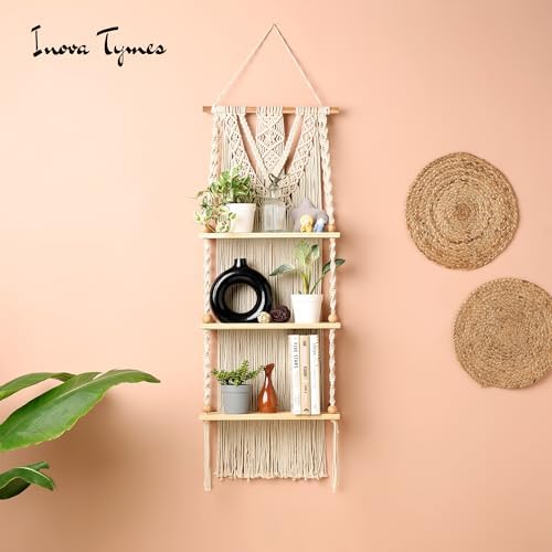Macrame Wall Hanging Shelf 3 Tier - Boho Bedroom Decor | Macrame Wall Decor | Boho Shelf Decor, Hanging Shelves for Wall, Woven Rope Floating Wood Shelves & Storage for Small Plants - Image 5
