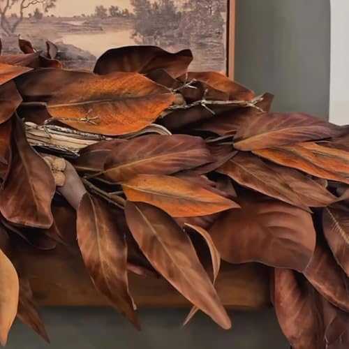 Brown Magnolia Leaf Garland, 6ft Realistic Magnolia Leaf Garland, Artificial Fall Magnolia Leaves Garlands, Waterproof Fall Decorations for Home, Fireplace, Porch (2Pcs) - Image 5