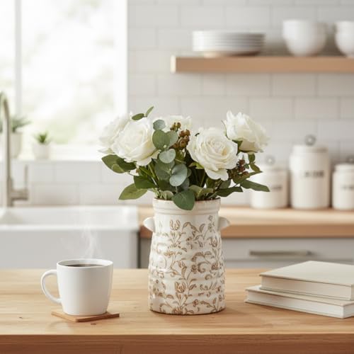 SIDUCAL Ceramic Rustic Vase with 2-Ear, 7.6 Inch Ice Cracked Vintage Pastoral Vase, Rustic Farmhouse Vases for Home Decor, Table, Living Room, Shelf Decor, Chinoiserie Decor, Brown Floral Pattern - Image 5