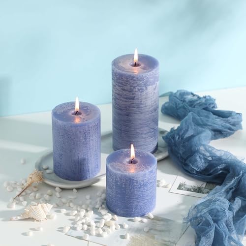 3x6 Inch Blue Pillar Candles Set of 3 - Hand-Poured Unscented Candles, Long Clean Burning, Large Big Candle, Smokeless Dripless Candle for Dinner Table, Wedding, Home, Bathroom, Rustic Decor - Image 4