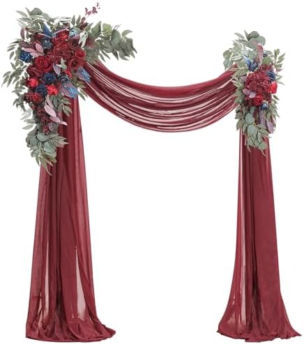 Floroom Arch Flowers with Drapes Kit (Pack of 4) - 2pcs Artificial Burgundy & Navy Blue Floral Swag Arrangement with 2pcs Draping Fabric for Wedding Ceremony Arbor and Reception Backdrop Decoration by Floroom
