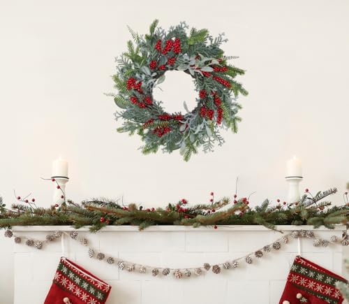 20 Inch Green Faux Pine Christmas Wreath with Red Berry– Mixed with Fake Norfolk Cypress, Cedar & Lamb Ear, Xmas Winter Wreaths for Front Door Porch Mantel & Fireplace (20") - Image 3