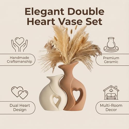 Beige and Brown Ceramic Vase Set of 2，Heart Shaped Home Decor - Image 4