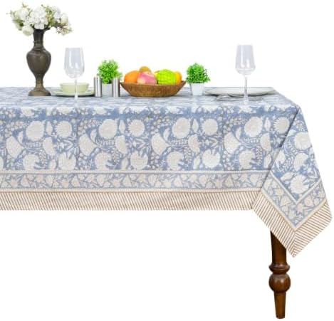 72x140 Inches Rectangle Hand Block Print Tablecloth, 100% Cotton, Moonstone Blue Floral Table Cloths Washable, Traditional Indian For Dining Outdoor Thanksgiving Halloween Christmas by HomeSpunCrafts
