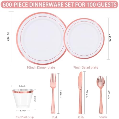 WELLIFE 600 PCS Rose Gold Disposable Dinnerware Set for 100 Guests - Image 5