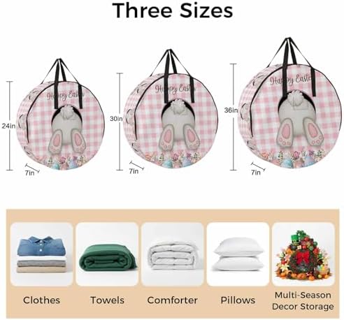 30 Inch Round Storage Bag 1 Pack,Funny Rabbits Butt Colorful Easter Eggs Waterproof Wreath Storage Container with Handles&Zipper Pink White Buffalo Tartan Closet Organizer Bags Garland Box - Image 7