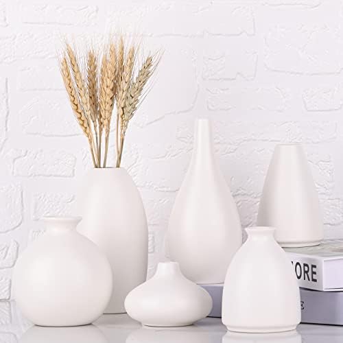 Set of 6 Matte White Small Vases for Flowers, Ceramic Bud Vase Bulk Boho Centerpieces for Tables, Mini Short Vase Modern Bulk Wedding Centerpieces Ikebana Vases for Bridal Shower/House Warming Gift - Image 6