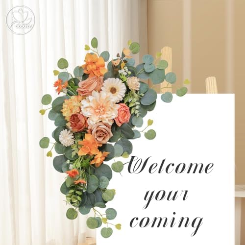 Odouzy Artificial Wedding Arch Flowers for Wedding Sign,Set of 2 for Welcome Ceremony Sign,Faux Floral Swags,Banquet and Reception Backdrop Floral Decoration (Orange) - Image 3