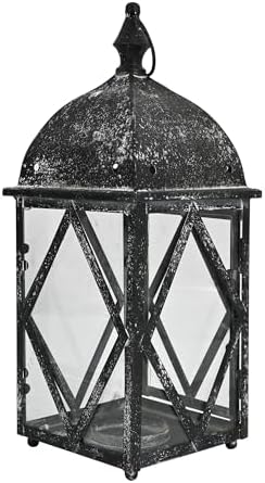 Vintage Metal Candle Lantern with Glass 17in Distressed Blue Rustic Large Farmhouse Hanging Candle Holder Lanterns for Indoor & Outdoor Front Porch Table Centerpiece Decor Black - Image 6