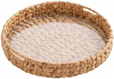 Round Woven Rattan Tray with Clear Acrylic Insert and Handles, Water Hyacinth Decorative Storage Tray for Coffee Table, Ottoman, Bathroom Counter, Kitchen (L: 14.96 in × 2.95 in) by Hawfrides