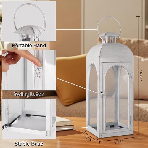 Lantern Decorative Indoor & Outdoor, 16.25'' Large Hanging Candle Lanterns, Metal Decorative Candle Lanterns, Waterproof Hanging Lantern for Porch Patio Wedding Home (White) - Image 2
