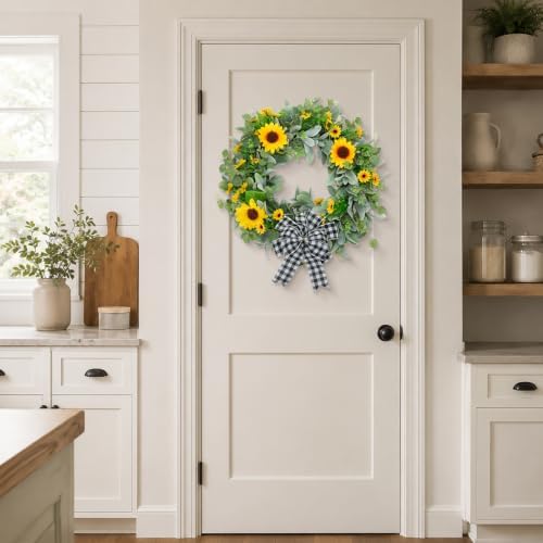 22" Sunflower Wreaths for Front Door, Rustic Summer Spring Front Door Wreath with Eucalyptus and Buffalo Plaid Bow for Indoor Outdoor Wall Window, Farmhouse Floral Wreath Decor for Porch - Image 6