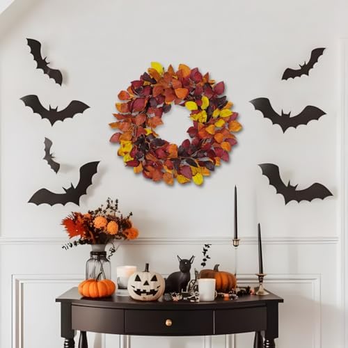 Artificial Fall Leaf Wreath for Front Door – 20" Autumn Wreath with Lifelike Fagus Sylvatica Foliages – Mixed Orange Yellow – Rustic Thanksgiving & Halloween Decoration for Indoor & Outdoor - Image 5
