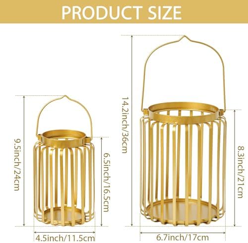 Farmhouse Lantern Decor Set of 2.Metal Candle Holders, Rustic Modern Vintage Style for Indoor Outdoor, Porch Patio Fireplace Mantle Wedding Decor (Gold,Candles not Included) - Image 2