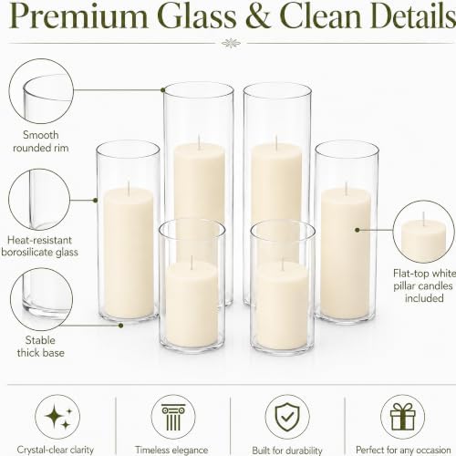 Set of 6 Pillar Candles with Clear Glass Hurricane Holders- Elegant Cylinder Candle Vases for Weddings, Parties, Centerpieces, Home & Office Decor (Lvory White, 6 Set) - Image 2