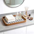 Set of 2 Rectangular Mother of Pearl & Rattan Trays - Handwoven Wicker Serving Trays for Coffee Table & Vanity - Boho Decorative Nesting Basket Organizers for Home (Black & White) - Image 6