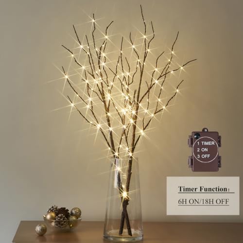 Hairui Lighted Brown Branches Battery Operated with Timer 32IN 100 LED Fairy Lights, Willow Branch Lights for Home Bedroom Fireplace Christmas Holiday Decoration Indoor Outdoor Use (Vase Excluded) - Image 3