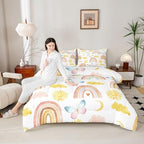 Rainbow Comforter Set King Size, Girls Butterfly Bedding Sets, Cartoon Rainbow Quilt Sets, Colorful Sun Clouds Comforters, Iridescent Print Down Comforter, Geometric Stripes Soft Lightweight Bedding - Image 4